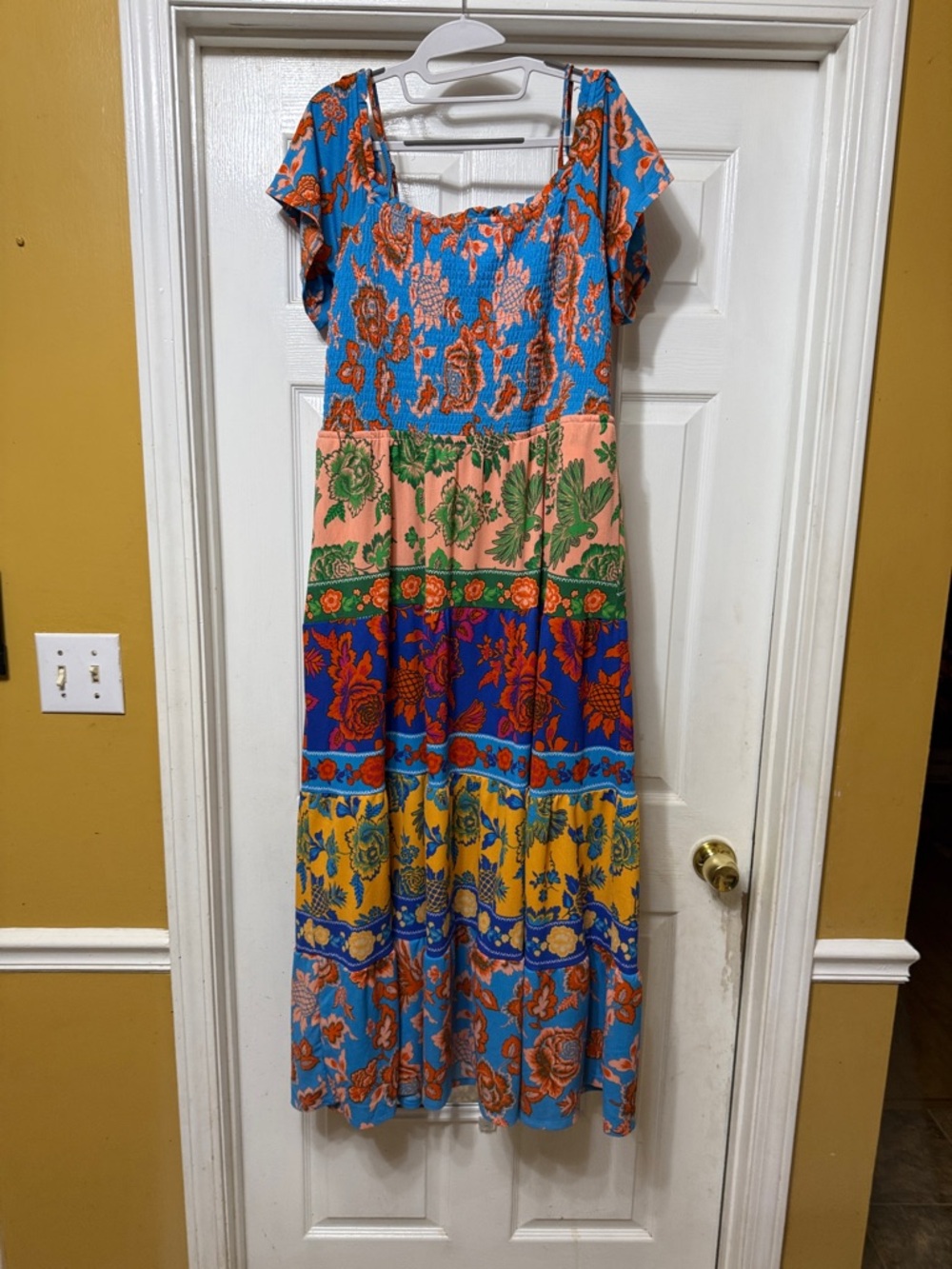Cato XL Blue Orange Floral Patchwork Smocked Maxi Dress Boho Paisley Short Sleev